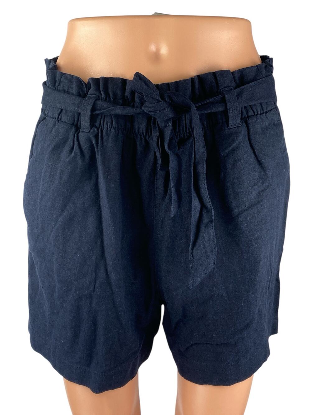 JDY Navy Blue Linen Tie Belt Elastic Waist High Rise Casual Paperbag Shorts 42